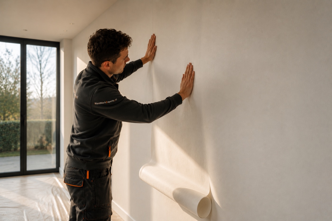 Vakman van Wandwerkexperts brengt behang strak op de wand aan