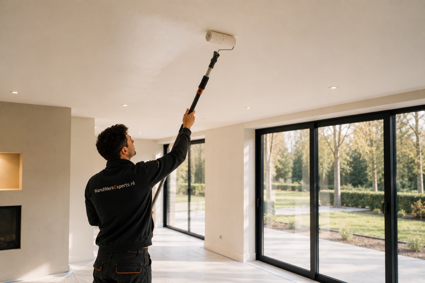 Vakman van Wandwerkexperts rolt een plafond egaal af met een verlengroller
