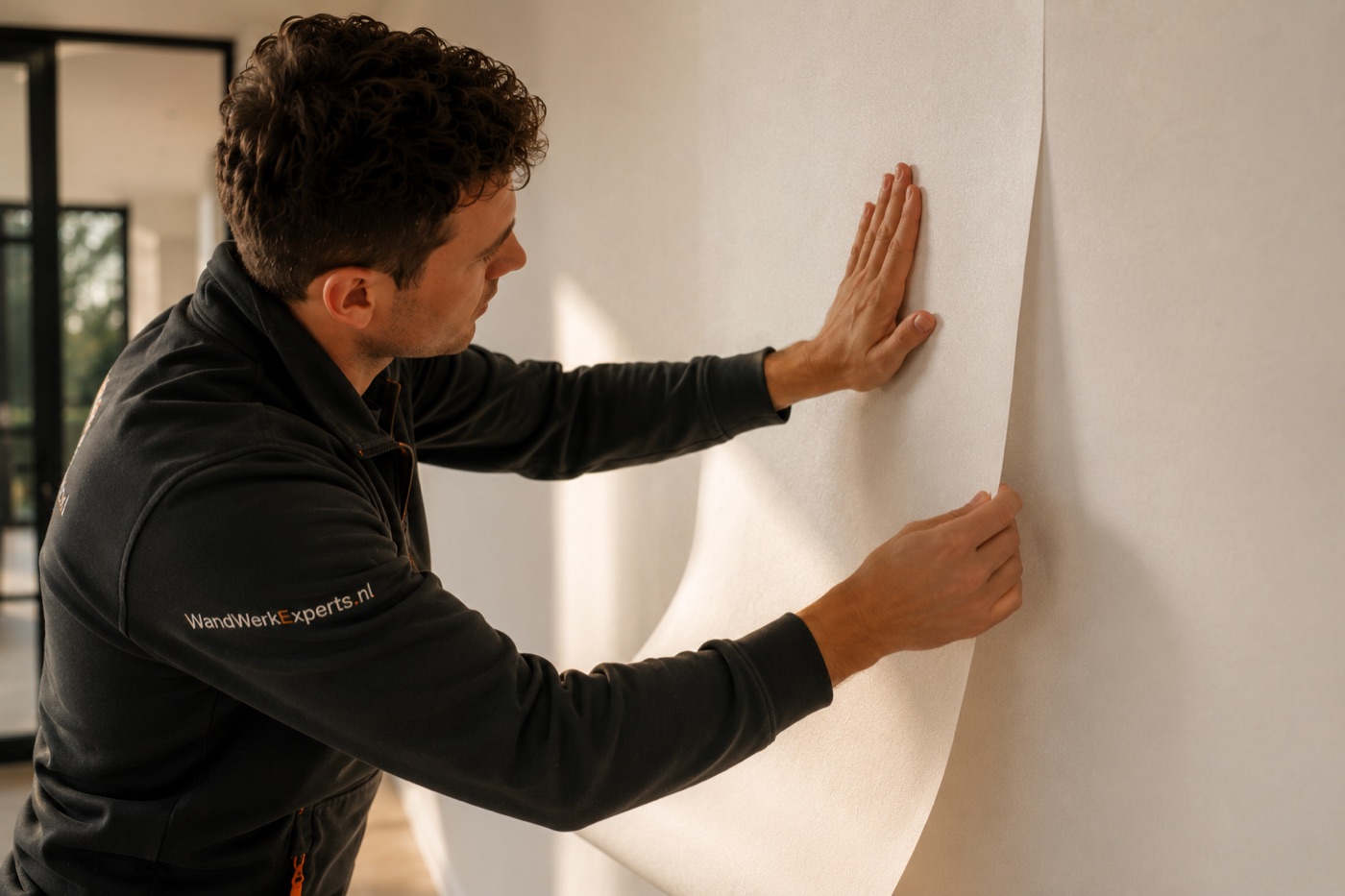 Vakman van Wandwerkexperts brengt renovliesbehang strak op de wand aan