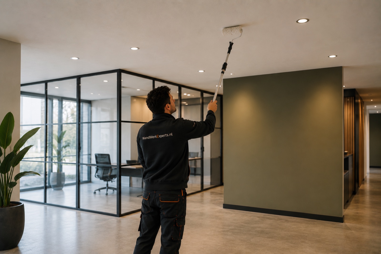 Vakman van Wandwerkexperts werkt het plafond af in een modern kantoor in Rotterdam
